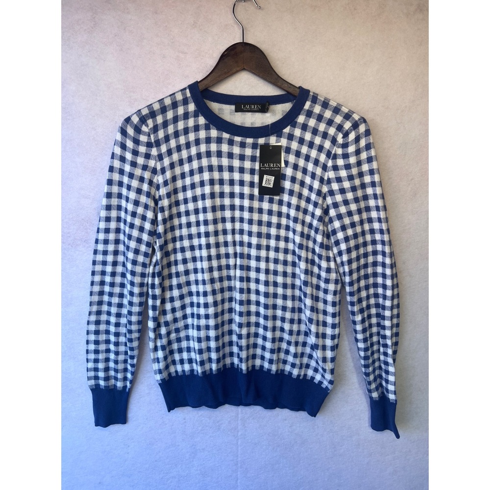 Lauren Ralph Lauren Blue White Gingham Cotton Modal Crewneck Sweater NWT Medium